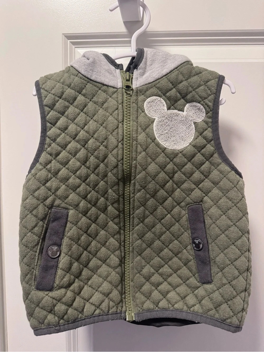 Disney Mickey Mouse Olive Green Quilted Hooded Vest with ears on hood!